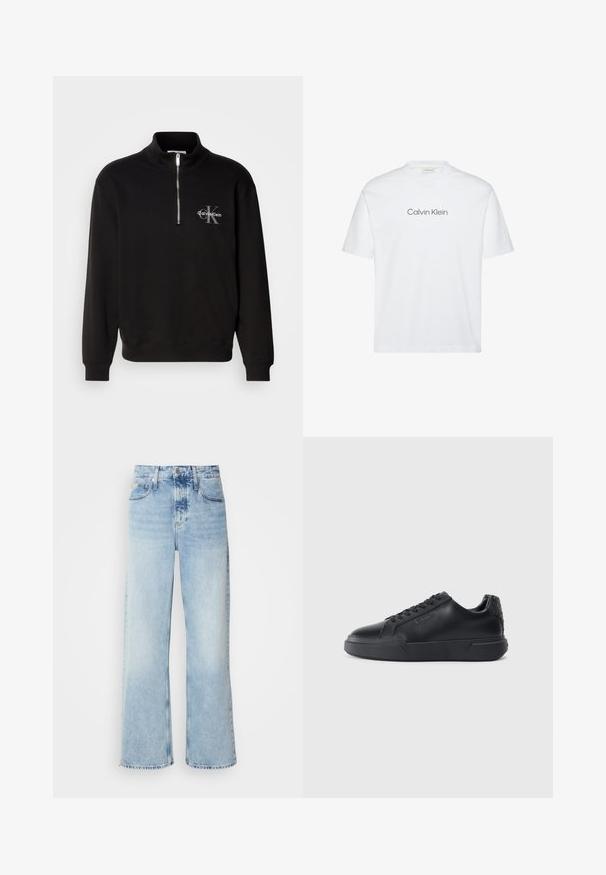 Sort sweatshirt med høj krave og kvart lynlås, med et gråt "Calvin Klein" logo og "K" emblem på brystet. Materialet er en bomuldsblanding.; Hvid bomuld t-shirt med korte ærmer. Har rund halsudskæring og et trykt "Calvin Klein" logo i gråt hen over brystet.; Lysblå vide jeans med høj talje, der har en falmet finish, bæltestropper og klassisk fem-lomme design. Kantene er rå.; Sorte sneakers med en glat læderoverdel, rund tå, snørelukning, struktureret hældetalje og en tyk gummisål.