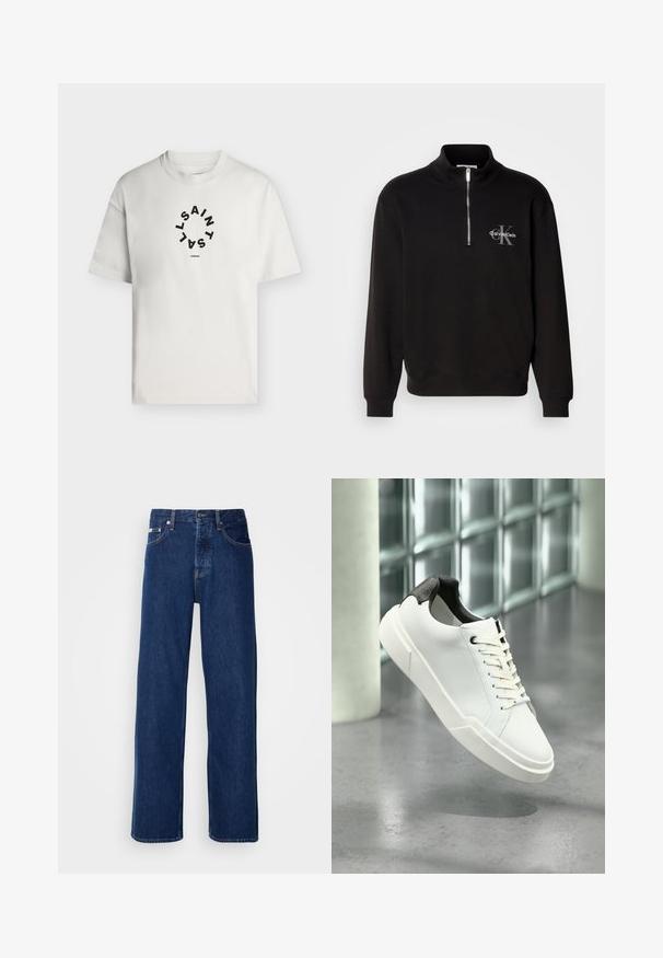 Čierny pulóver so zvýšeným golierom a štvrťovým zipsom, ktorý je na hrudi zdobený sivým logom "Calvin Klein" a emblémom "K". Materiál z bavlnenej zmesi.; Biely tričko s krátkym rukávom a okrúhlym výstrihom, s čiernym kruhovým textom, ktorý hlása "SAINT LAINT" a "LONDON" pod kruhom.; Tmavomodré džínsy s širokým strihom, s gombíkovým zapínaním a klasickým piatym vreckovým dizajnom. Tkanina má hladkú textúru.; Biela nízka teniska s čiernou textúrovanou pätkou, bielymi šnúrkami a hrubou podrážkou na leštenej betónovej podlahe pri sklenených blokoch.