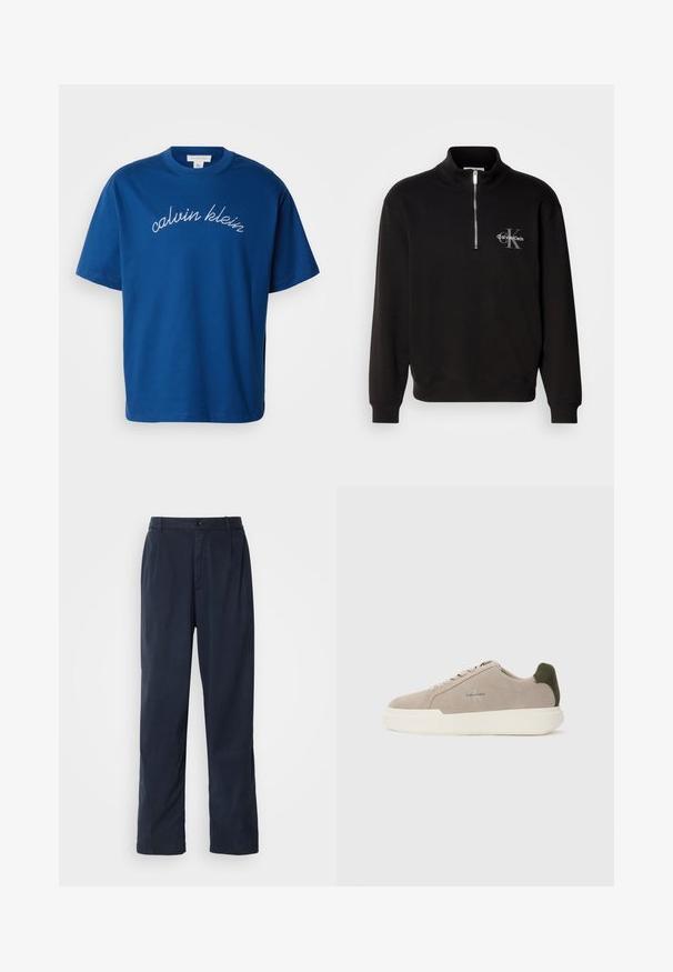 Must mustriga särk kõrge kaeluse ja veerandi tõmblukuga, millel on hall "Calvin Klein" logo ja "K" embleem rinnal. Puuvilla segu materjal.; Sinine puuvillane T-särk, millel on ümmargune kaelus ja lühikesed varrukad, ning rinnal on elegantselt valges kalligraafias tikitud "calvin klein".; Tumedad sinised püksid, mis on valmistatud puuvilla segust. Omavad sirget lõiget, ees nuppude sulgemist ja peeneid voldikuid. Sile tekstuur.; Beez suède tossudega valge kummist tallaga, tumeroheline kanna aktsent ja peened brändingud küljel.