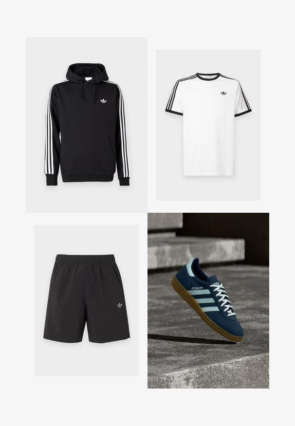 Μαύρο φούτερ με κουκούλα Adidas με λευκές τρεις ρίγες στα μανίκια, μπροστινή τσέπη, κουκούλα με κορδόνια και μικρό λευκό λογότυπο τριφυλλιού στο στήθος.; Λευκό βαμβακερό t-shirt με μαύρο ριγωτό λαιμό και μανίκια, διαθέτει τρεις μαύρες ρίγες σε κάθε ώμο και ένα μικρό λογότυπο στο στήθος.; Μαύροι αθλητικοί σορτς με ελαστική μέση, πλαϊνές τσέπες και μικρό λογότυπο Adidas στο αριστερό πόδι.; Μπλε sneaker Adidas Spezial με λευκές ρίγες και κορδόνια, λαστιχένια σόλα, αιωρείται πάνω από τραχιά επιφάνεια σκυροδέματος και σκαλοπάτια στο φόντο.