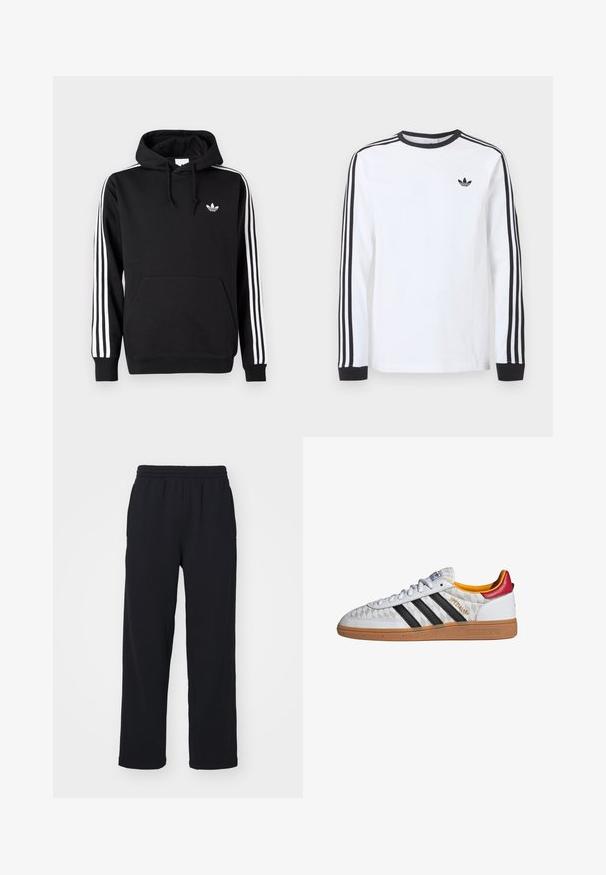 Zwarte Adidas hoodie met witte drie-strepen op de mouwen, een voorkantzak, capuchon met trekkoorden en een klein wit trefoil-logo op de borst.; Wit Adidas shirt met lange mouwen, zwarte ronde hals, zwarte boordjes, drie zwarte strepen langs de mouwen en een zwart trefoil-logo op de borst.; Zwarte sweatpants met een elastische tailleband, rechte benen en gestikte details. Gemaakt van zachte, textuurstof.; Witte Adidas Spezial sneaker met zwarte strepen, gumzool, doorgestikt patroon, rood hielstuk en gele voering, zijaanzicht.