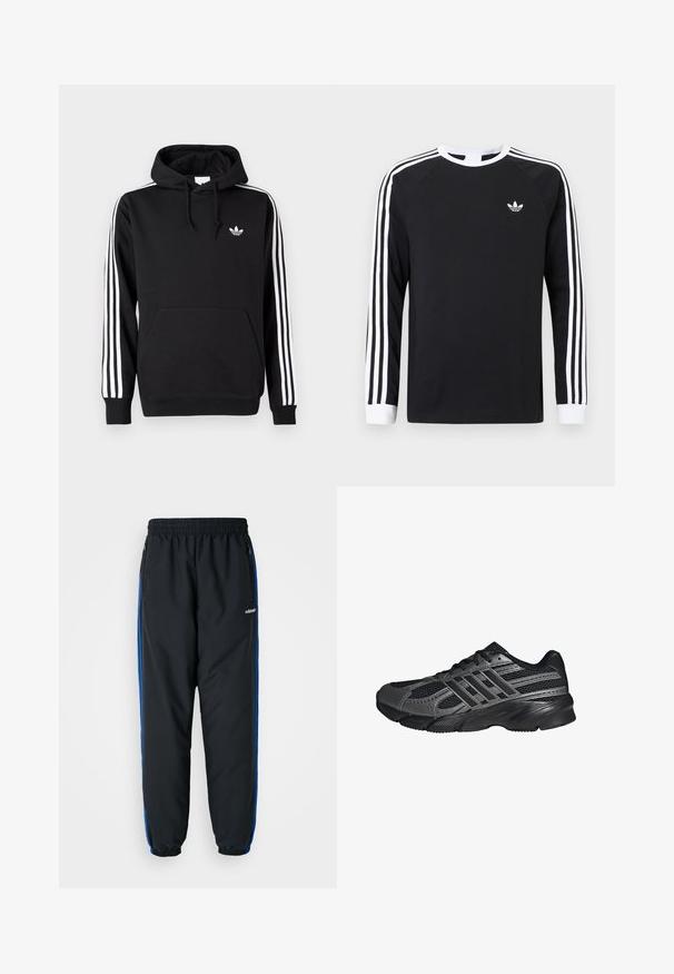 Čierna mikina Adidas s kapucňou, bielymi troma pruhmi na rukávoch, predným vreckom, kapucňou so sťahovacími šnúrkami a malým bielym logom trefoil na hrudi.; Čierne tričko s dlhým rukávom a bielym trojpásovým dizajnom na rukávoch. Má okrúhly výstrih a malý biely logo na hrudi.; Čierne športové nohavice s elastickým pásom, modrými bočnými pruhmi, vreckami na zips a zúženými manžetami pre tesný strih. Vyrobené z ľahkého materiálu.; Čierne športové topánky vyrobené z pletiva a syntetických materiálov, s textúrovaným povrchom, viacerými šedými pruhmi a polstrovaným golierom.