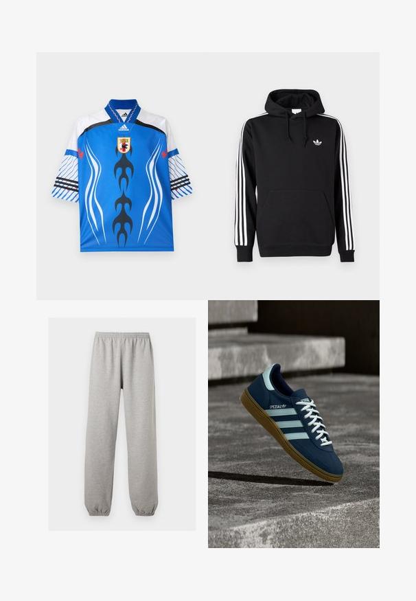 Μαύρο φούτερ με κουκούλα Adidas με λευκές τρεις ρίγες στα μανίκια, μπροστινή τσέπη, κουκούλα με κορδόνια και μικρό λευκό λογότυπο τριφυλλιού στο στήθος.; Μπλε αθλητική φανέλα Adidas με λευκές και μαύρες αφηρημένες φλόγες, λευκά μανίκια με μπλε ρίγες και έμβλημα ασπίδας στο κέντρο κάτω από το γιακά.; Ανοιχτό γκρι φόρμα με ελαστική μέση και τελειώματα, ίσια γραμμή, κατασκευασμένη από μαλακό ύφασμα.; Μπλε sneaker Adidas Spezial με λευκές ρίγες και κορδόνια, λαστιχένια σόλα, αιωρείται πάνω από τραχιά επιφάνεια σκυροδέματος και σκαλοπάτια στο φόντο.