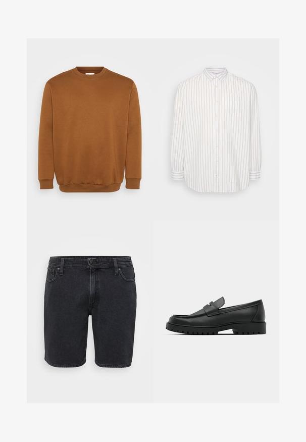 Brun sweatshirt lavet af blødt stof, med rund halsudskæring, lange ærmer og ribbede manchetter og kant for en tætsiddende pasform. Minimalistisk design uden mønstre.; Skjorte med knap-op i hvid og lys beige striber, lange ærmer, lomme på venstre bryst, klassisk krave, letvægtsstof.; Sorte denimshorts med et klassisk design, der har en frontknaplukning, bæltestropper og fem-lomme stil. Let falmet tekstur.; Sorte læder loafers med rund tå, der har et syet design, lav platformssål og en struktureret, skridsikker gummisål.