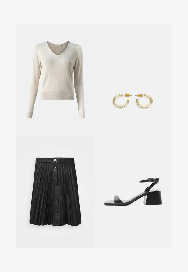 V-hals lange mouwen trui in lichtbeige, zachte breistekstuur met een geribde zoom en manchetten, ontworpen voor een iets cropped pasvorm.; VILA VIAMINA SHORT BUTTON COATED SKIRT - Plooirok - black; Zwarte leren sandaal met open teen, blokhak, smalle enkelband en gesp sluiting, zijaanzicht op witte achtergrond.; Gouden hoepel oorbellen met een zachte, ronde vorm en een gepolijste afwerking. Kenmerkt oranje accenten aan de achterkant voor een veilige bevestiging.