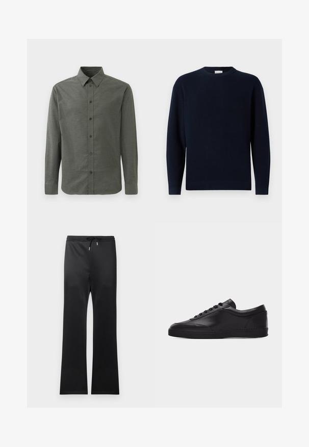 Mørkeblå ribstrikket sweater med rund hals, lange ærmer og en afslappet pasform. Blød tekstur, minimalistisk design og ingen synlige mønstre.; Langærmet skjorte med knapper i mørkegrøn, lavet af struktureret stof. Har en klassisk krave og fem forreste knapper.; Sorte træningsbukser med snoretræk i taljen, lavet af glat stof. Bredde i benene og minimalistisk udseende uden mønstre.; Sort lavtstående lædersneaker med snørebånd foran og flad gummisål, vist fra siden på en ensartet hvid baggrund.