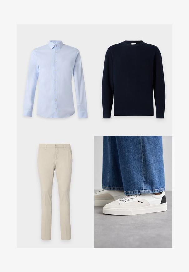 Mørkeblå ribstrikket sweater med rund hals, lange ærmer og en afslappet pasform. Blød tekstur, minimalistisk design og ingen synlige mønstre.; Lyseblå herreskjorte med lange ærmer, klassisk krave og hvide knapper foran på en ensfarvet baggrund.; Beige chinos med lige pasform, der har sidelommer og en glat stofstruktur. Ingen synlige mønstre eller hardwaredetaljer.; Hvide og sorte sneakers med en glat læderoverdel, teksturerede detaljer og en kraftig hvid sål. Har et klassisk snørebåndsdesign.