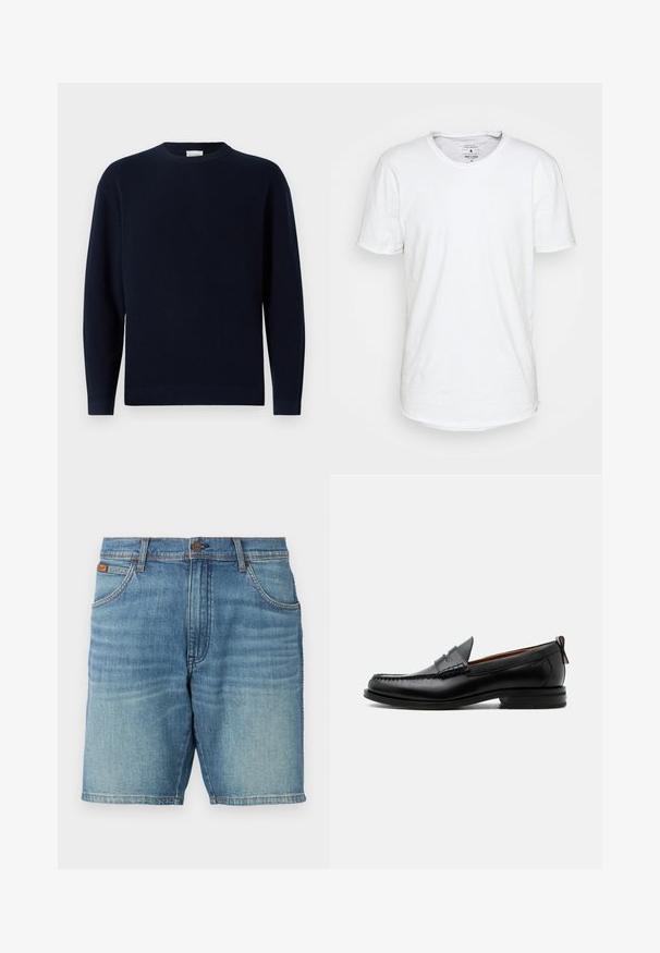 Mørkeblå ribstrikket sweater med rund hals, lange ærmer og en afslappet pasform. Blød tekstur, minimalistisk design og ingen synlige mønstre.; Hvid kortærmet T-shirt lavet af bomuld med en klassisk rund halsudskæring. Har en let buet kant og minimale syninger.; Lys blå vaskede denimshorts med et klassisk 5-lommers design, knaplukning og subtile falmninger. Ren kant og synlig tekstur.; Sort læder herre loafer med moc-tå syning, penny strop, struktureret krave og lav stablet hæl på hvid baggrund.