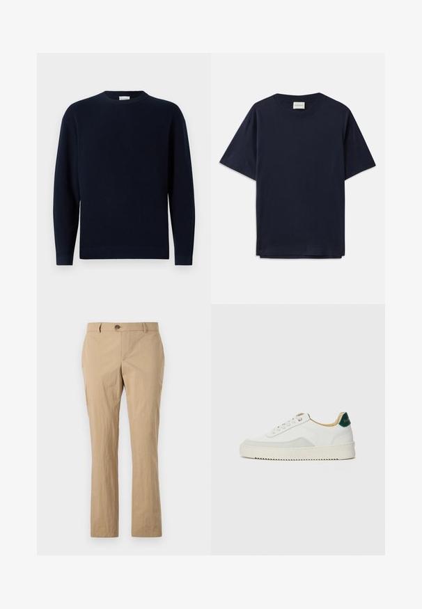 Mørkeblå ribstrikket sweater med rund hals, lange ærmer og en afslappet pasform. Blød tekstur, minimalistisk design og ingen synlige mønstre.; Mørkeblå bomulds T-shirt med korte ærmer, rund halsudskæring og en afslappet pasform. Etiketten siger "CLOSED" ved halsudskæringen. Glat tekstur.; Beige bomuldsbukser med lige ben, med knaplukning, bæltestropper og en glat tekstur. Ingen synlige mønstre.; Hvide sneakers med ruskindsdetaljer, rund tå, flade snørebånd og en cremet gummisål. Har grøn branding på hælen.