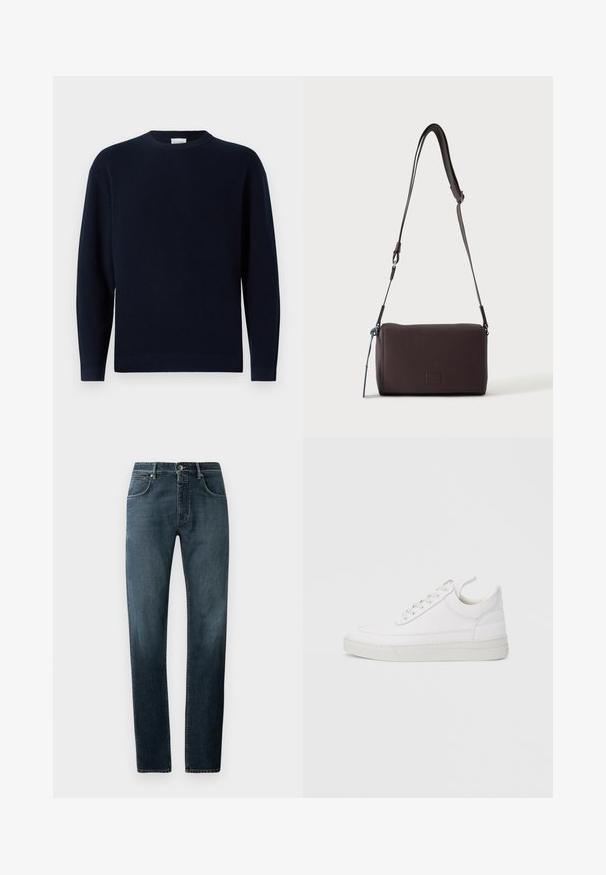 Marineblauwe ribgebreide trui met een ronde hals, lange mouwen en een relaxte fit. Zachte textuur, minimalistisch ontwerp en geen zichtbare patronen.; Donkerdenim jeans met een rechte pasvorm, klassiek vijf-pocket ontwerp, contrasterende stiksels en een subtiele vervagingseffect bij de dijen.; Witte leren sneaker met een afgeronde neus, platte zool en veters aan de voorkant. Voorzien van stikseldetails en een gevoerde kraag voor comfort.; Donkerbruine gestructureerde leren crossbodytas met verstelbare riem en klein decoratief blauw accent aan de zijkant.