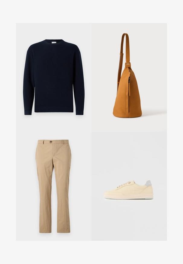 Suéter de punto acanalado en azul marino con un cuello redondo, mangas largas y un corte relajado. Textura suave, diseño minimalista y sin patrones visibles.; Pantalones de algodón beige con un diseño de pierna recta, que presentan un cierre de botón, trabillas para cinturón y una textura suave. Sin patrones visibles.; Zapatilla deportiva beige de corte bajo con cierre de cordones en la parte delantera, suela rosa claro y lengüeta trasera gris con la marca "Filling Pieces", mostrada de perfil sobre un fondo liso.; Bolso bandolera de piel color canela con correa ajustable y bolsillo vertical con cremallera, mostrado de lado sobre un fondo claro y liso.