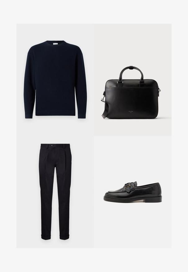 Mørkeblå ribstrikket sweater med rund hals, lange ærmer og en afslappet pasform. Blød tekstur, minimalistisk design og ingen synlige mønstre.; Skræddersyede sorte bukser lavet af glat stof, med flad front, to frontplisseringer og manchetter i bunden for et rent og struktureret udseende.; Sorte læder loafers med rund tå og en dekorativ spændeaccent. Flad, solid hæl og glat tekstur hele vejen igennem.; Sort lædermappe med dobbelt håndtag, aftagelig skulderrem og lille logo tekst foran, mod en ensartet lys baggrund.