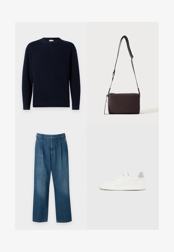 Pull en tricot côtelé bleu marine avec un col rond, des manches longues et une coupe décontractée. Texture douce, design minimaliste et sans motifs visibles.; Pantalons en denim bleu avec un design à jambes droites, dotés d'une taille haute, de plis à l'avant et d'une fermeture à bouton classique. Texture lisse.; Baskets basses blanches avec un onglet de talon gris, des lacets blancs et une semelle texturée, présentées sur un fond uni clair.; Sac bandoulière en cuir marron foncé texturé avec une sangle réglable et un petit accent décoratif bleu sur le côté.
