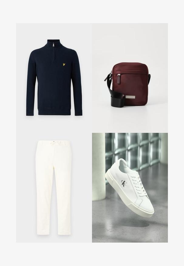 Navyblauwe pullover met een halve rits bij de kraag, gemaakt van gladde stof; heeft een klein geel geborduurd logo op de borst.; Witte, lichtgewicht linnen broeken met een tailleband met trekkoord. Rechte pijpen, minimale textuur en geen zichtbare patronen of hardware details.; Witte Calvin Klein sneaker met veters, zwevend getoond boven een gepolijste betonnen vloer en een achtergrond van glasblokken.; Bordeaux schoudertas van gladde stof met hardware in zilvertint, verstelbare zwarte schouderband en een voorzak met rits. Voorzien van een logo-plaatje.