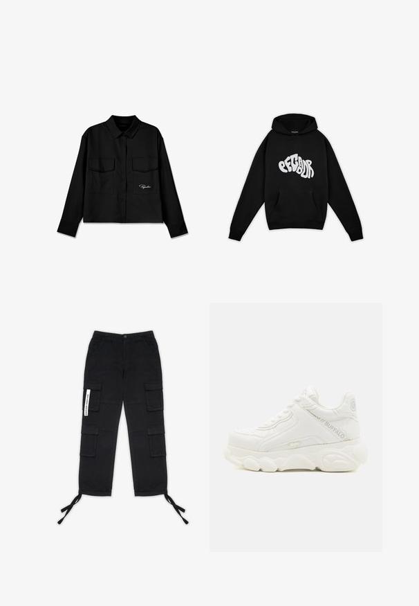 Pegador PALUMA OVERSIZED HOODIE - Sudadera - black; Camisa negra corta con cuello puntiagudo, doble bolsillo en el pecho, botones al frente y logo bordado en el lado izquierdo. Textura de tela suave.; Pegador TANAMI WIDE PANTS - Pantalones cargo - black; Zapatilla deportiva blanca gruesa con suela gruesa, diseño con cordones y marca "Buffalo" en el lateral y el talón.
