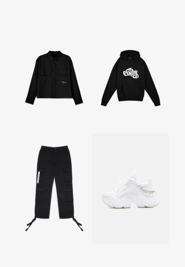 Pegador PALUMA OVERSIZED HOODIE - Sweatshirt - black; Sort cropped skjorte med spidse krave, dobbelt brystlommer, knaplukning foran og broderet logo på venstre side. Glat stoftekstur.; Pegador TANAMI WIDE PANTS - Cargobukser - black; Hvid chunky sneaker med tyk sål, snørelukning foran og kædedetalje med hængende perler på hælen.