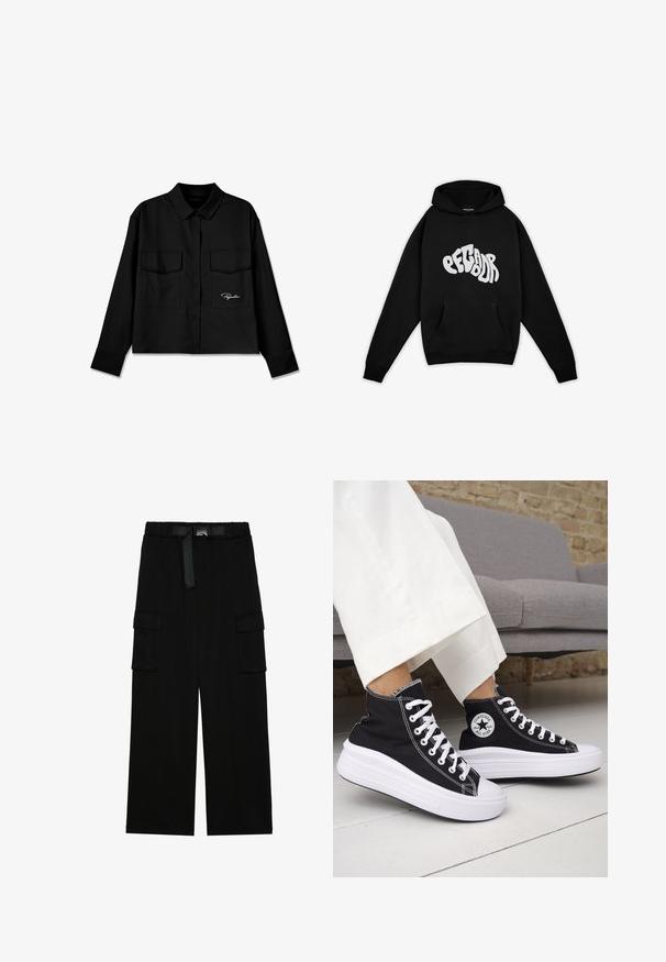 Pegador PALUMA OVERSIZED HOODIE - Sweatshirt - black; Sort cropped skjorte med spidse krave, dobbelt brystlommer, knaplukning foran og broderet logo på venstre side. Glat stoftekstur.; Sorte cargo bukser med vidde ben, elastisk talje med bælte og to store sidelommer til opbevaring.; Sorte sneakers med højt skaft, hvide gummisåler og snørebånd. Har en rund logo-patch og kontrasterende hvide syninger. Fremstillet af lærredsmateriale.
