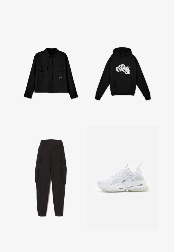 Pegador PALUMA OVERSIZED HOODIE - Sweatshirt - black; Sort cropped skjorte med spidse krave, dobbelt brystlommer, knaplukning foran og broderet logo på venstre side. Glat stoftekstur.; Sorte cargobukser med elastiske manchetter og flere klaplommer på siderne, designet til afslappet eller praktisk brug.; Hvide sneakers med en kraftig sål, lagdelt mesh og syntetisk overdel, med mønstrede detaljer, snøresystem og hæl-dragtag.