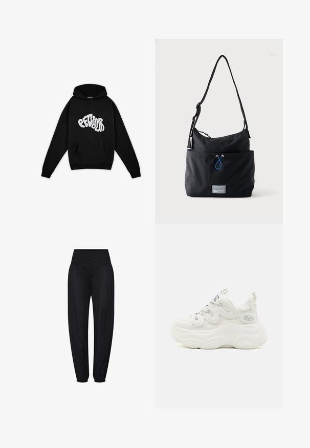 Pegador PALUMA OVERSIZED HOODIE - Sweatshirt - black; Pantalon noir taille haute avec ceinture smockée et poignets élastiques froncés, coupe ample aux hanches et jambes fuselées.; Baskets blanches chunky avec une tige en mesh et synthétique, forme incurvée, semelle texturée et système de laçage proéminent avec des détails de logo.; Sac d'épaule en tissu noir avec sangle réglable, poche avant avec cordon bleu et petite étiquette logo rectangulaire à la base.