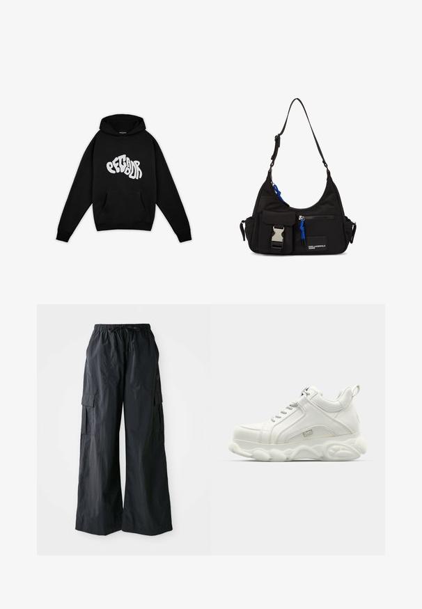 Pegador PALUMA OVERSIZED HOODIE - Sweatshirt - black; Sorte cargo-bukser lavet af letvægtigt stof, med vidde i benene, elastisk talje og flere sidelommer. Enkle og funktionelle.; Hvide atletiske sneakers med en glat læderoverdel, rund sål og tekstureret accent. Har snørebånd og en slippe-strop bagpå.; Sort nylon skuldertaske med en buet form, justerbar strop, for- lomme med klap, blå detaljer og logo.