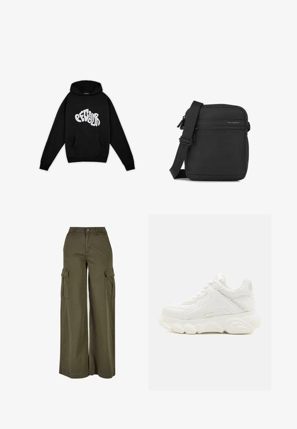 Pegador PALUMA OVERSIZED HOODIE - Sweater - black; Olijfgroene wijde cargobroek met twee zijzakken, gemaakt van een zachte, duurzame stof. Voorzien van gedetailleerde stiksels en een knoopsluiting.; Witte chunky sneaker met dikke zool, vetersluiting en "Buffalo"-branding op de zijkant en hiel.; Compact zwart crossbodytasje met verstelbare band, voorvak met ritssluiting en Hedgren-logo op een gladde stofoppervlakte.