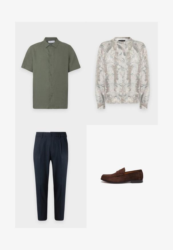 Sweater med rund hals, med en lys grå base og et naturinspireret print af træer og blade i afdæmpede grønne og brune nuancer.; Kortærmet skjorte i olivengrøn lavet af struktureret stof, med knaplukning foran og en klassisk krave.; Marineblå bukser med lige snit, der har knaplukning, plisseringer foran og elastisk talje for komfort. Glat tekstur.; Brune ruskinds loafers med syede detaljer, en flad sål og en hævet krave. Glat tekstur og minimalistisk design.