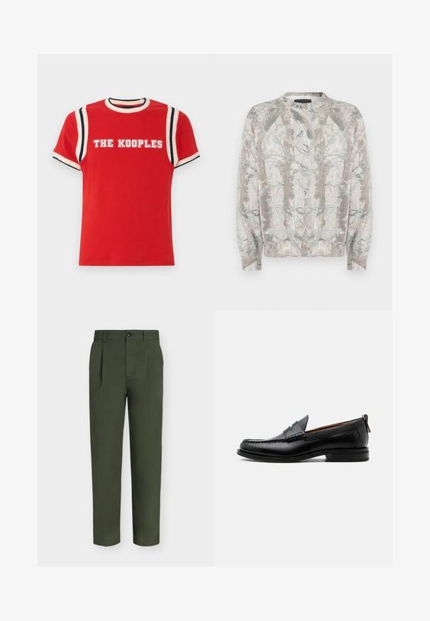 Pull à col rond, avec une base gris clair et un imprimé naturel représentant des arbres et des feuilles aux tons verts et bruns sobres.; T-shirt en coton rouge avec un col rond côtelé, des accents rayés blancs et marins sur les épaules, et "THE KOOPLES" imprimé en lettres blanches en gras.; Pantalon droit vert foncé avec plis, passants de ceinture, poches latérales et fermeture devant zippée et boutonnée, présenté sur fond uni.; Mocassin homme en cuir noir avec couture moc toe, bride penny, col texturé et petit talon empilé sur fond blanc.