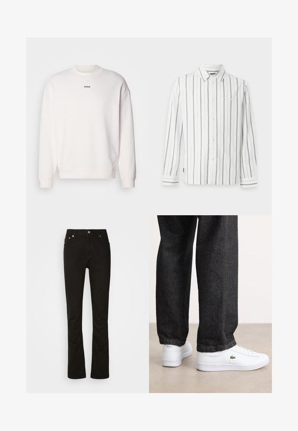 Sudadera blanca de cuello redondo hecha de una suave mezcla de algodón, con un corte relajado, puños de canalé y el logo "HUGO" en negro en el pecho.; Camisa blanca de manga larga con botones, con finas rayas verticales negras y cuello puntiagudo sobre un fondo liso.; Jeans de denim negro con diseño de pierna recta, que cuentan con bolsillos frontales, una cremallera y acentos de hardware plateado. Textura suave, sin patrones.; Zapatillas de cuero blancas con un diseño de perfil bajo y un logo verde, combinadas con unos jeans de mezclilla oscuros con costuras amarillas.