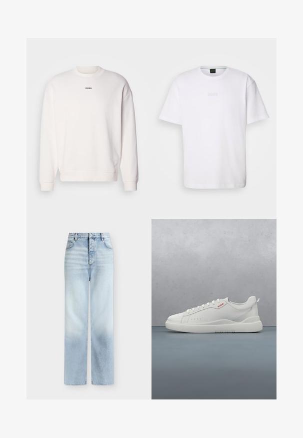 Sweatshirt blanc à col rond en mélange de coton doux, présentant une coupe décontractée, des poignets côtelés, et le logo "HUGO" en noir sur la poitrine.; T-shirt en coton blanc à manches courtes, col rond, avec un logo « BOSS » en relief sur la poitrine. Texture lisse, coupe standard.; Jeans bleu clair taille haute à jambes droites, avec poches avant, passants de ceinture et fermeture par bouton.; Sneaker blanche avec une finition en cuir lisse, bout rond, quatre œillets, perforations subtiles et un détail de logo rouge sur le côté.