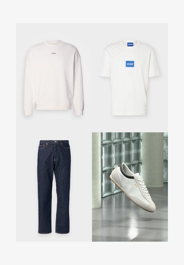 Witte crewneck sweatshirt gemaakt van een zachte katoenmix, met een comfortabele pasvorm, geribde manchetten en het "HUGO" logo in het zwart op de borst.; Witte T-shirt met korte mouwen en ronde hals, met een blauw rechthoekig logo met de tekst "HUGO" in het midden van de borst en op de binnenkant van de kraag.; Donkerblauwe denim jeans met een rechte pijpdesign. Beschikt over een knoop- en ritssluiting, vijf zakken en contrasterende stikdetails.; Witte leren en suède sneaker met rubberen zool en zwarte kraagdetail, zwevend binnen nabij glazen blokmuur en betonnen zuil.