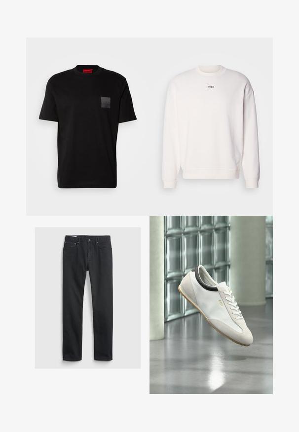 Witte crewneck sweatshirt gemaakt van een zachte katoenmix, met een comfortabele pasvorm, geribde manchetten en het "HUGO" logo in het zwart op de borst.; Zwart katoenen T-shirt met een ronde hals, met een gestructureerde zwarte patch met logo op de linkerborst. Korte mouwen en een ontspannen pasvorm.; Zwarte spijkerbroek van denim met een recht model, vijf zakken, metalen knoopsluiting en subtiele stikdetails. Vloeiende textuur overal.; Witte leren en suède sneaker met rubberen zool en zwarte kraagdetail, zwevend binnen nabij glazen blokmuur en betonnen zuil.