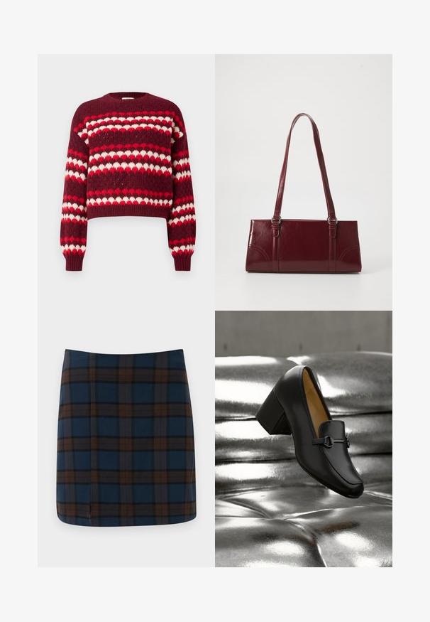 Pull court à motifs rouge et blanc avec un col rond et des poignets côtelés, présentant une texture tricotée et des motifs en forme de cœur.; Jupe mini en tartan bleu marine avec des lignes marron et grises, fabriquée dans un tissu lisse, avec une fente discrète au dos pour plus de liberté de mouvement.; Mocassin à talon haut en cuir noir avec un bout arrondi, une bride décorative et un petit détail métallique. Texture lisse et design élégant.; Sac à main bordeaux en matériau brillant, de forme rectangulaire, avec deux anses et des accents légèrement courbés à l'avant.