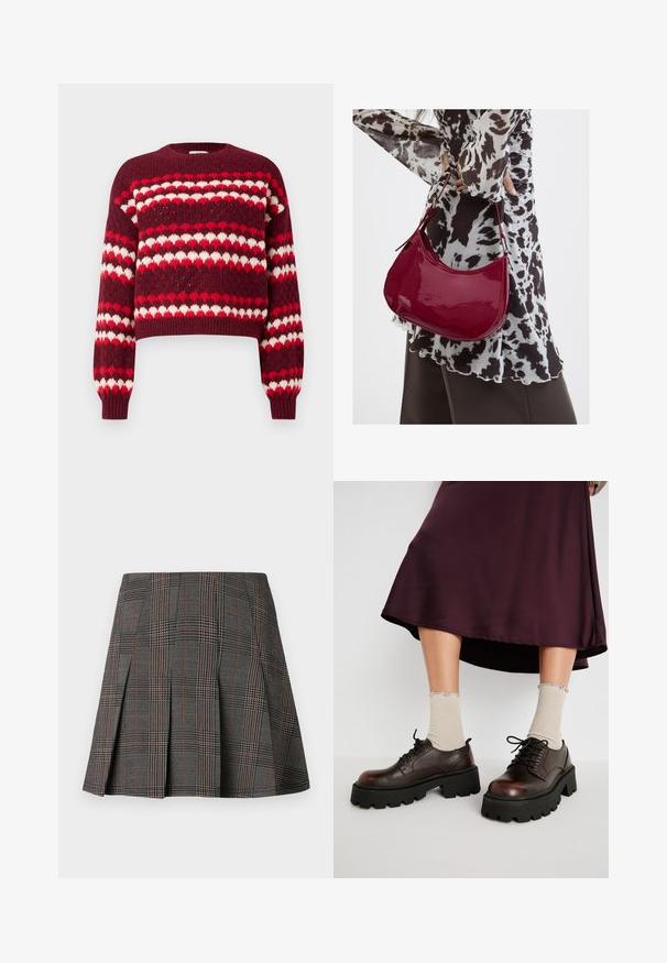 Sudadera corta con estampado rojo y blanco, cuello redondo y puños acanalados, que presenta una textura de punto y diseños en forma de corazón.; Falda de cuadros gris con pliegues, con intrincados patrones en blanco y negro, acentuados por delgadas líneas rojas. Está hecha de una tela estructurada.; Zapatos de plataforma de cuero marrón con suelas negras gruesas, combinados con calcetines beige acanalados con bordes en forma de ondas, sobre un fondo apagado.; Mujer con blusa de estampado en blanco y negro sosteniendo un bolso de hombro rojo brillante sobre un fondo liso.