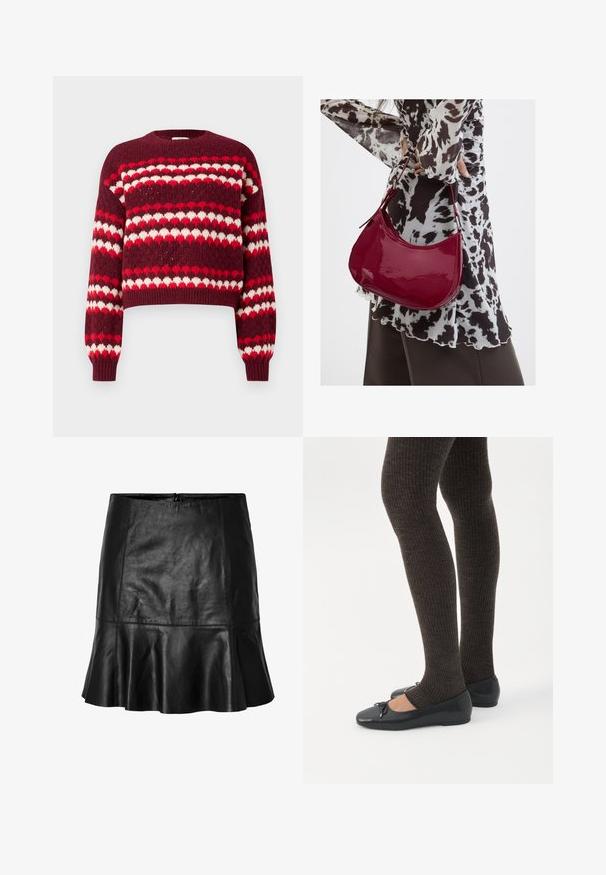 Rood-witte gebreide cropped trui met een ronde halslijn en ribgebreide manchetten, met een gebreide textuur en hartvormige ontwerpen.; Zwart leren mini-jurk met uitlopende zoom en zichtbare stiksels, met een ritssluiting aan de achterkant.; Benen met donkere geribbelde leggings gecombineerd met zwarte ballerina's met kleine strikdetails op een witte achtergrond.; Vrouw met een zwart-wit gebloemde blouse houdt een glanzende rode schoudertas vast tegen een effen achtergrond.