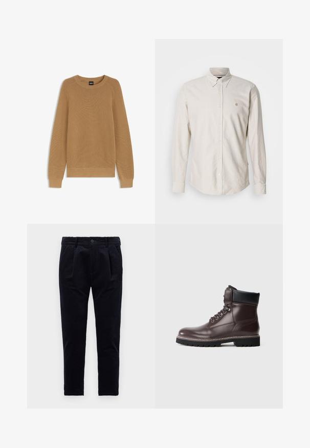 Lys brun langærmet strikket sweater med rund hals og ribstrikkede manchetter og kant, mærket med en sort BOSS-mærkat indeni kraven.; Lyse beige, langærmet skjorte med knapper, spids krave og lille broderet logo. Blødt stof med en glat tekstur og lige kant.; Mørkeblå bukser lavet af tekstureret stof, med knaplukning, folder og elastisk talje for komfort. Lige ben design.; Brune læder ankelstøvle med sort polstret krave, skridsikker sål, metaløje og to-tonet snørebånd mod en ensfarvet grå baggrund.