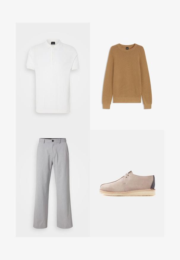 Pull en tricot à manches longues marron clair avec col rond et poignets et ourlet côtelés, étiqueté avec une étiquette noire BOSS à l'intérieur du col.; Polo-shirt blanc à manches courtes avec un motif en maille texturée, col classique et patte de boutonnage à trois boutons. Fini en tissu lisse.; Pantalons larges gris clair en tissu texturé. Présente une taille avec passants de ceinture, une fermeture à bouton à l'avant et deux poches latérales.; Chaussure décontractée en daim beige avec deux œillets pour les lacets, semelle en crêpe et patch talon marron foncé, vue de profil sur fond blanc.