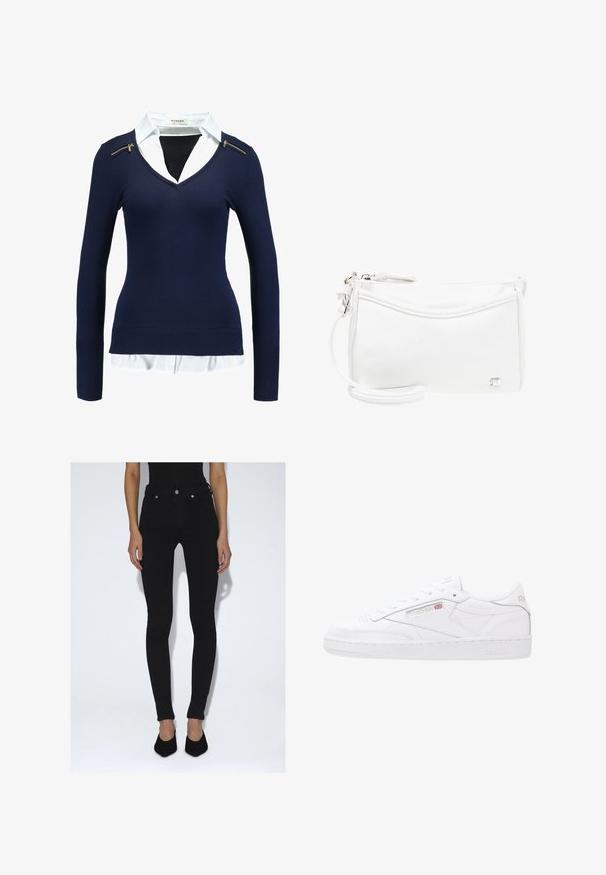 Marineblauer Pullover mit langen Ärmeln und V-Ausschnitt, ausgestattet mit einem weißen Kragen und Reißverschlussakzenten an der Schulter. Aus weichem Strickmaterial, figurbetonte Passform.; Person trägt schwarze Skinny-Jeans mit hoher Taille und schwarze spitze Pumps, steht vor einem schlichten weißen Hintergrund.; Weiße Leder-Sneaker mit einem Low-Top-Design, Schnürverschluss, strukturierten Seitenpanelen und geprägtem Reebok-Branding. Gummiaußensohle.; Kleiner weißer Leder-Handgelenkriemen mit einer vorderen geschwungenen Tasche, Reißverschluss und einem silbernen Logoemblem in der unteren Ecke.