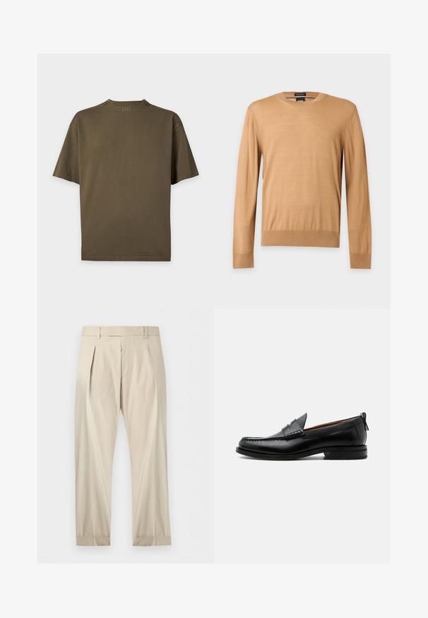 Pull beige à manches longues avec col rond, poignets et ourlet côtelés, présenté sur un fond clair uni.; T-shirt uni vert olive à manches courtes, col rond et petit logo "BOSS" à l'arrière du col.; Pantalon beige plissé avec passants de ceinture, poches avant et ourlets retroussés, présenté à plat sur fond blanc.; Mocassin homme en cuir noir avec couture moc toe, bride penny, col texturé et petit talon empilé sur fond blanc.