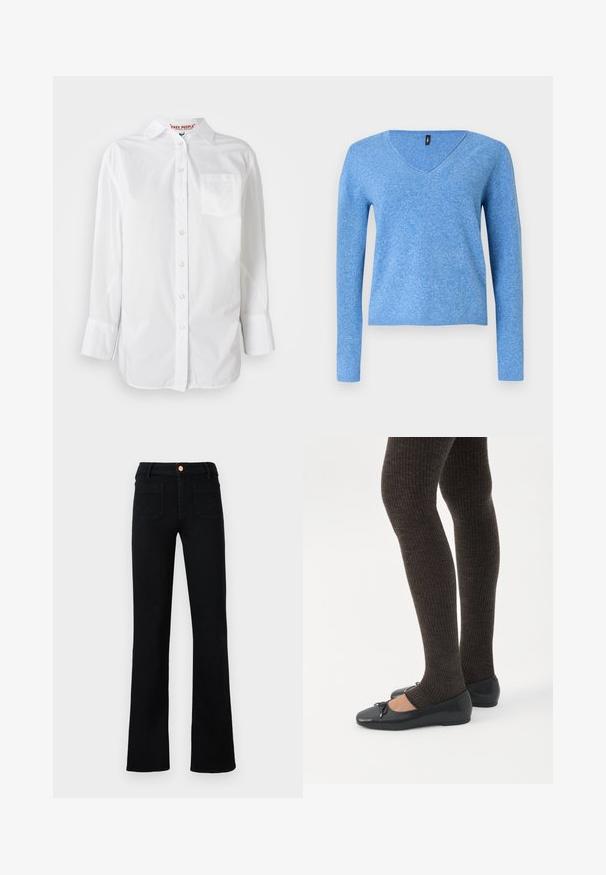 Blå v-hals sweater med lange ærmer, lavet af blødt, struktureret stof; har en ribbet kant og manchetter. Enkel, ensfarvet design.; Hvid langærmet skjorte med knapper og krave samt brystlomme, Præsenteret mod en ensfarvet baggrund.; Sorte højtaljede lige ben jeans med frontlomme og kobberknaplukning på en neutral baggrund.; Ben iført mørke ribbede leggings kombineret med sorte balletsko med små sløjfedetaljer på hvid baggrund.
