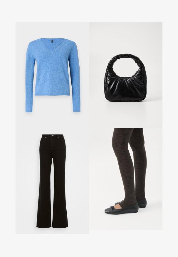 Blå v-hals sweater med lange ærmer, lavet af blødt, struktureret stof; har en ribbet kant og manchetter. Enkel, ensfarvet design.; Høj talje sorte flare jeans lavet af denim, med knaplukning, sidelommer og en glat tekstur.; Ben iført mørke ribbede leggings kombineret med sorte balletsko med små sløjfedetaljer på hvid baggrund.; Sort polstret håndtaske med et rundt håndtag, der har en glat, skinnende overflade og en blød, kviltet tekstur. Ingen synlige hardware eller accenter.