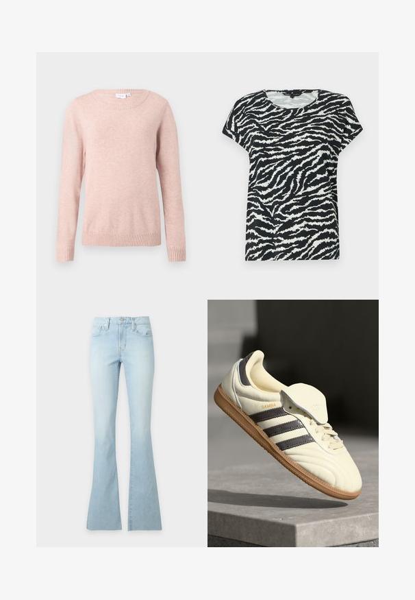Pull léger rose avec un col rond, des manches longues et des bords-côtes à manches et en bas. Fabriqué en tissu doux avec une texture lisse.; T-shirt à manches courtes noir et blanc avec un motif rayé zèbre, col ronde et texture douce. Coupe décontractée et design confortable.; Jean en denim bleu clair à taille haute, ajusté au niveau des hanches et des cuisses, avec jambes évasées, présenté sur un fond blanc uni.; Baskets en cuir crème avec trois bandes sombres, une semelle extérieure en gomme marron et un bout arrondi. Présentent une languette pliable étiquetée "SAMBA."