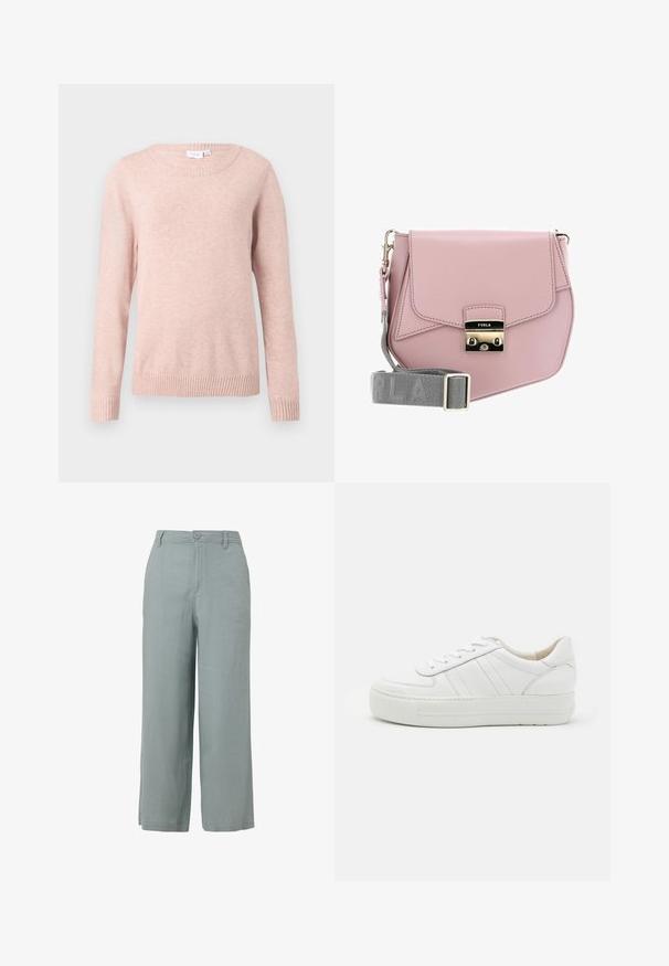 Helles rosa Sweatshirt mit rundem Halsausschnitt, langen Ärmeln sowie gerippten Bündchen und Saum. Hergestellt aus einem weichen Stoff mit glatter Textur.; Helle graue weit geschnittene Hosen aus glattem Stoff, mit einem vorderen Knopfverschluss und zwei seitlichen Taschen.; Weißer Ledersneaker mit strukturiertem Obermaterial, gepolsterter Kragen und flacher Gummisohle. Merkmale sind dezente Nähte und klassisches Schnürdesign.; Rosa Leder Umhängetasche mit Klappenverschluss, silberner Hardware und einem grauen Schultergurt mit dem Markennamen. Glatte Textur, minimalistisches Design.