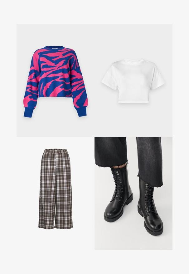 Roze en blauwe cropped trui met een gedurfd tijgerstreep patroon, gebreide textuur, ronde halslijn en geribbelde manchetten.; Witte cropped t-shirt van katoen. Korte mouwen, ronde halslijn, gladde textuur, casual ontwerp zonder patronen of versieringen.; Brede geruite broek in bruin, wit en grijs; elastische tailleband; zacht materiaal; heeft een klassiek ruitpatroon.; Zwarte enkelboots met een zachte leren afwerking, vetersluiting aan de voorkant en een zijrits. Chunky zool en gedetailleerde veterogen voegen textuur toe.