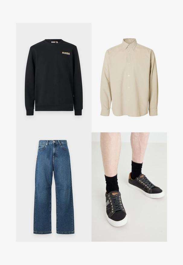 Sweatshirt noir à manches longues avec col rond, petit texte "ALOHA" jaune et violet sur le haut à gauche de la poitrine, en tissu de coton.; Chemise beige à manches longues avec boutons, col pointu et poignets boutonnés, présentée sur un fond blanc uni.; Jeans en denim bleu avec une coupe relaxée, des jambes droites, des coutures visibles et une fermeture à bouton à l'avant. Comprend une poche latérale avec un accent.; Baskets en toile grises avec des semelles en caoutchouc blanches, des lacets noirs et des accents en cuir marron au niveau du talon, accompagnées de chaussettes noires à côtes.