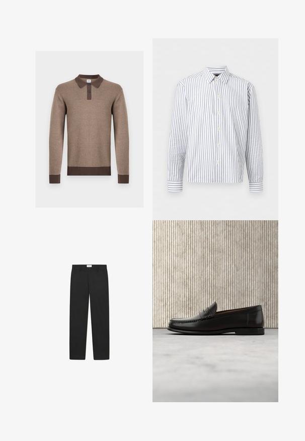 Polo en maille à manches longues marron avec col marron foncé, patte de boutonnage à deux boutons, poignets et ourlet, présenté sur fond blanc.; Chemise blanche à manches longues avec boutons, rayures fines noires verticales et col pointu, présentée à plat sur un fond blanc.; Pantalons noirs avec une coupe droite, fabriqués dans un tissu à texture lisse, dotés de deux poches avant et d'une taille standard.; Mocassin penny en cuir noir avec talon bas, bout arrondi et détails cousus à l'avant et sur les côtés, présenté sur un fond neutre.