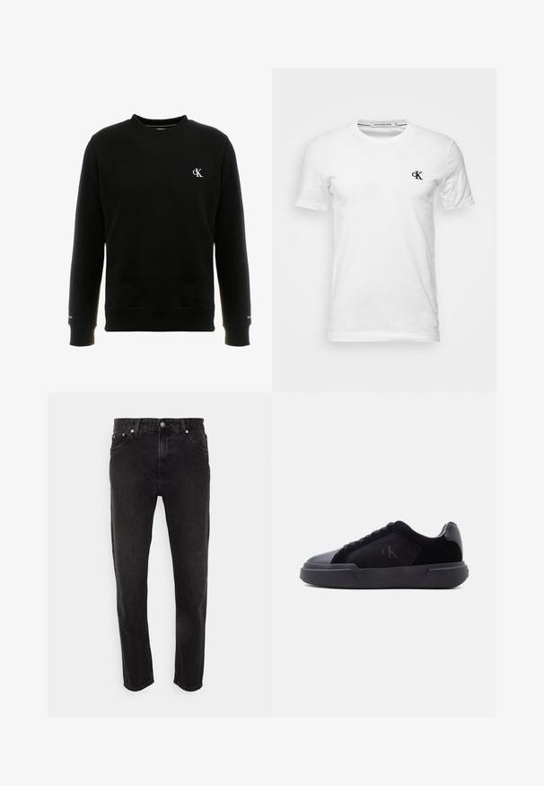 Schwarzer Sweatshirt aus Baumwolle mit rundem Halsausschnitt, gerippten Bündchen und Saum, mit einem kleinen weißen 'cK'-Logo auf der linken Brust.; Weißes T-Shirt mit kurzen Ärmeln und Rundhalsausschnitt mit kleinem schwarzem "CK"-Logo auf der linken Brust, Marke Calvin Klein Jeans, Größe Medium.; Schwarze Denim-Jeans mit geradem Bein, mittlerer Bundhöhe, Gürtelschlaufen und Fünf-Taschen-Stil. Weicher Stoff mit minimalem Ausbleichen.; Schwarzer Sneaker in Low-Top-Design mit dicker Sohle, Schnürverschluss vorne und dezente "cK"-Logo auf der Seitenpaneele.