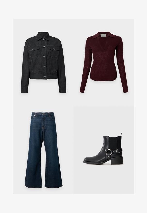 Pull en maille bordeaux foncé à manches longues, col en V large et col plat, silhouette ajustée sur fond blanc.; Veste en denim noir avec un col classique, fermeture à boutons sur le devant, deux poches poitrine et un ourlet arrondi. Elle présente des coutures contrastantes.; Jean large en denim bleu foncé, avec une taille haute, un design à cinq poches et des coutures orange contrastantes le long des coutures.; Bottine en cuir noir avec boucles latérales et détail en anneau, panneau latéral élastique, petit talon carré et languette de tirage sur fond uni.
