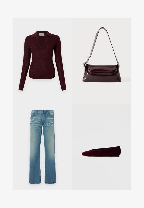 Langärmliger, tief bordeauxroter Strickpullover mit weitem V-Ausschnitt und flachem Kragen, figurbetonte Silhouette vor weißem Hintergrund.; Helles blaues Denim-Jeans mit geradem Bein, verwaschenem Finish, fünf Taschen und Knopfverschluss. Sichtbare Nähte setzen Akzente.; Bordeauxrote Ballettschuhe aus Samt mit abgerundeter Spitze und niedrigem Absatz, mit glatter Textur und elegantem Design.; Dunkel bordeauxrote Leder-Schultertasche mit Klappenverschluss und einem schmalen verstellbaren Riemen, präsentiert auf einem schlichten hellen Hintergrund.