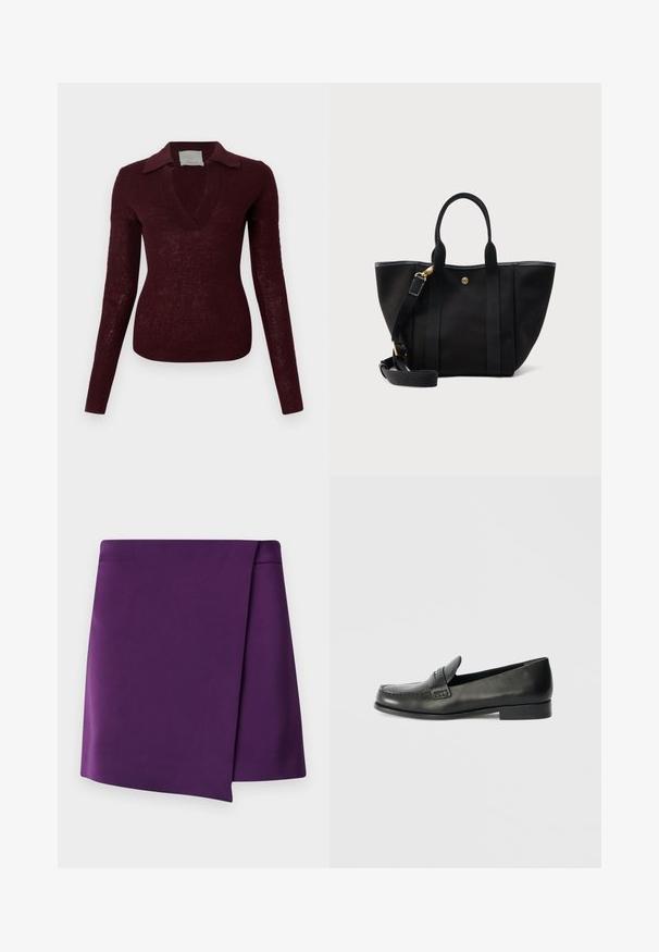 Pull en maille bordeaux foncé à manches longues, col en V large et col plat, silhouette ajustée sur fond blanc.; Mini-jupe violette au toucher lisse, présentant un design enroulé diagonal avec des lignes épurées. Pas de matériel ou de motifs visibles.; Mocassins en cuir noir avec un bout arrondi, des détails de couture surélevés et un talon bas empilé. Texture lisse avec un éclat subtil.; Sac fourre-tout noir avec double poignées et bandoulière réglable, équipé de ferrures dorées et d'un petit emblème circulaire à l'avant.