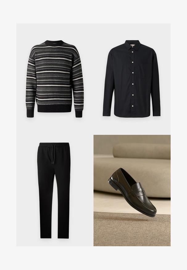 Pull en tricot noir et gris avec un motif à rayures aux textures variées et des accents blancs. Encolure et poignets côtelés.; Chemise noire à manches longues, boutonnée, avec col et poche poitrine, présentée sur un fond clair.; Pantalons de jogging noirs au coupe ajustée, avec une taille élastique et un cordon de serrage. Fabriqués en tissu doux avec une texture lisse et sans motifs visibles.; Mocassin en cuir noir avec un design épuré et une bride décorative, présenté au-dessus d'un tapis beige texturé et d'un fond de canapé neutre.